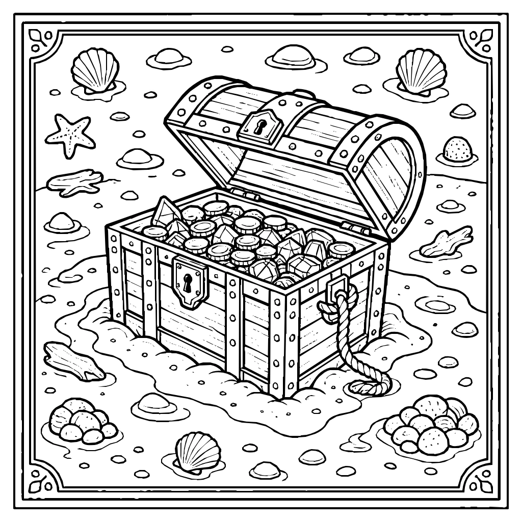 Treasure Chest Half Buried In Cove Sand Coloring Page