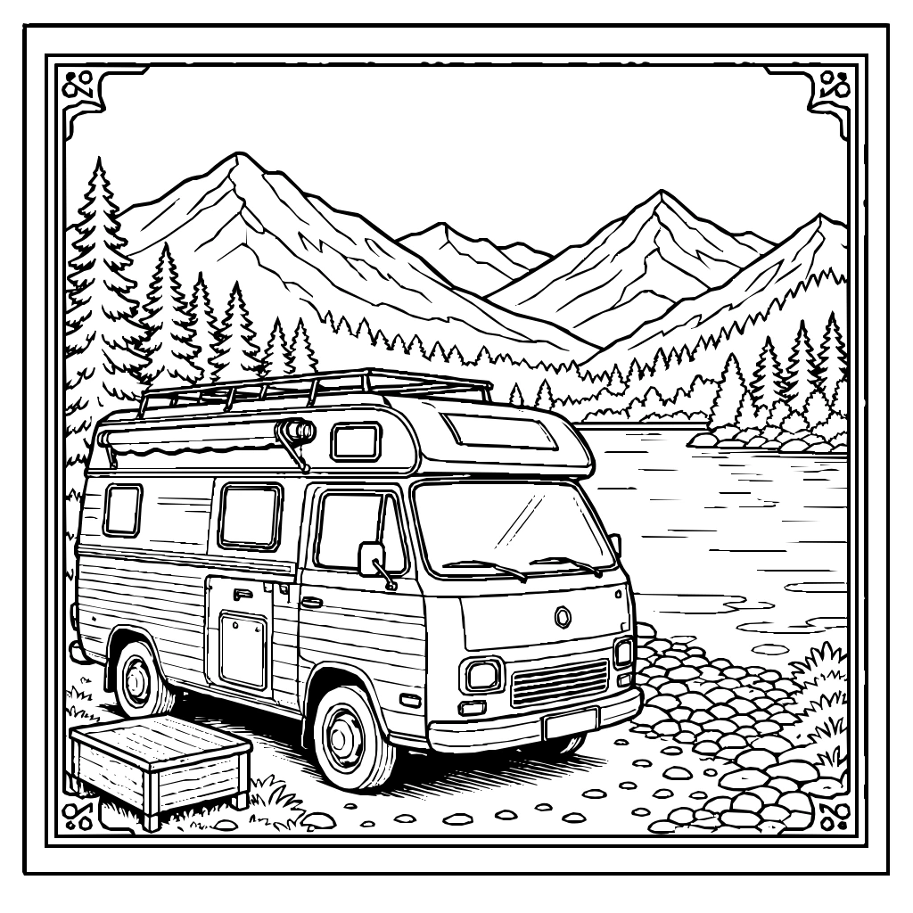Van Beside Mountain Lake Coloring Page