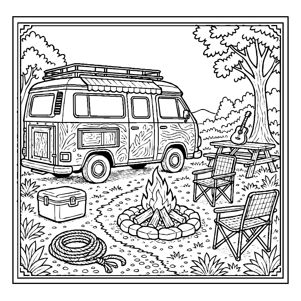 Van Cozy Campfire Parked Coloring Page