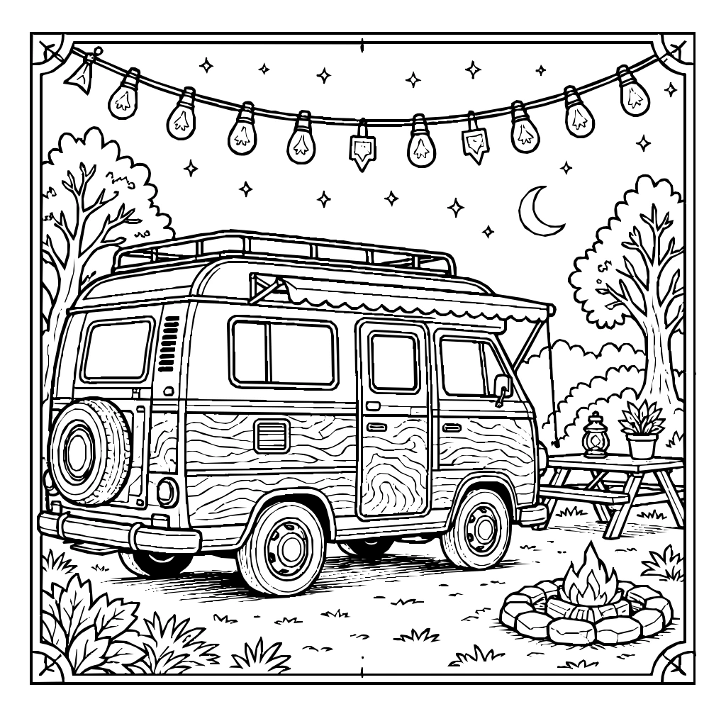 Van String Lights Dusk Coloring Page