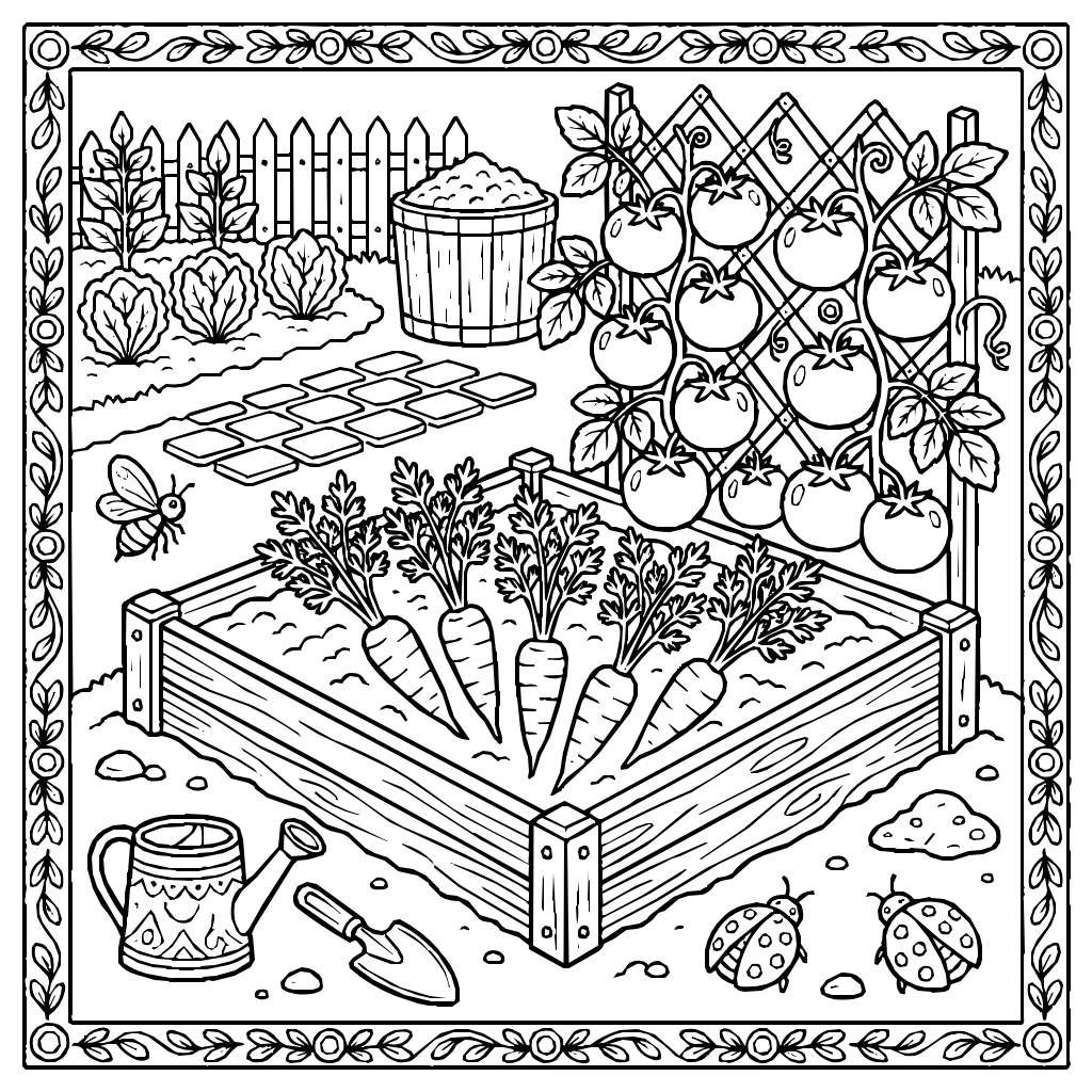Vegetable Garden Carrots Tomatoes Coloring Page