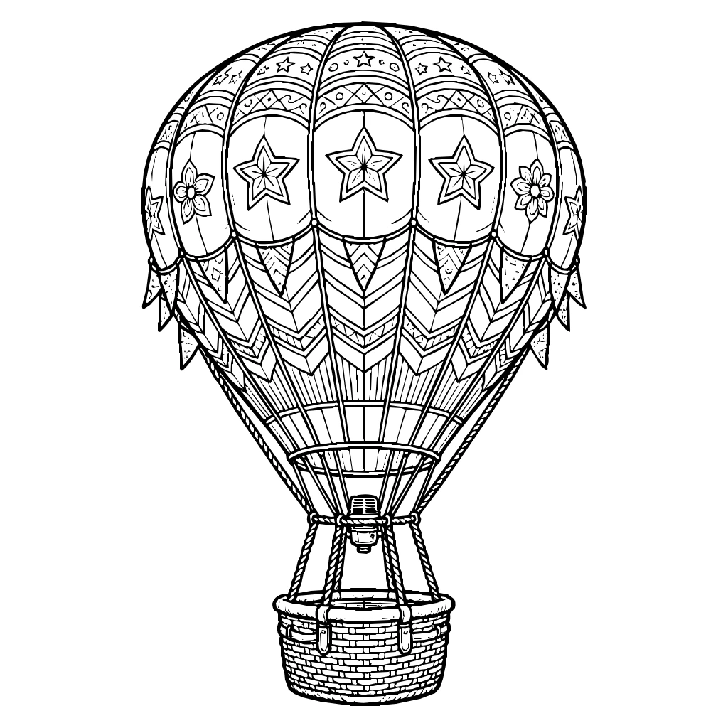 Vehicles Hot Air Balloon Flags Basket Coloring Page