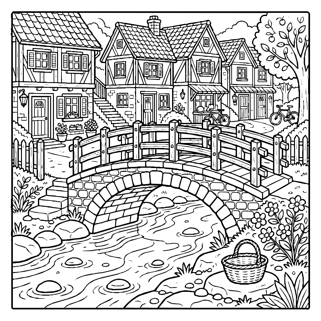 Village Bridge Over Creek Coloring Page
