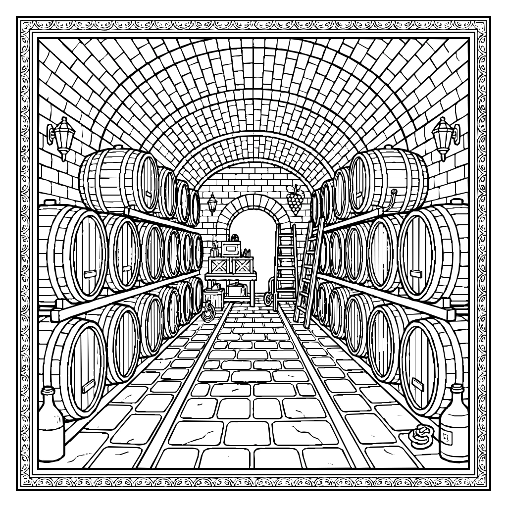 Vineyard Cellar Lined With Wooden Barrels Coloring Page