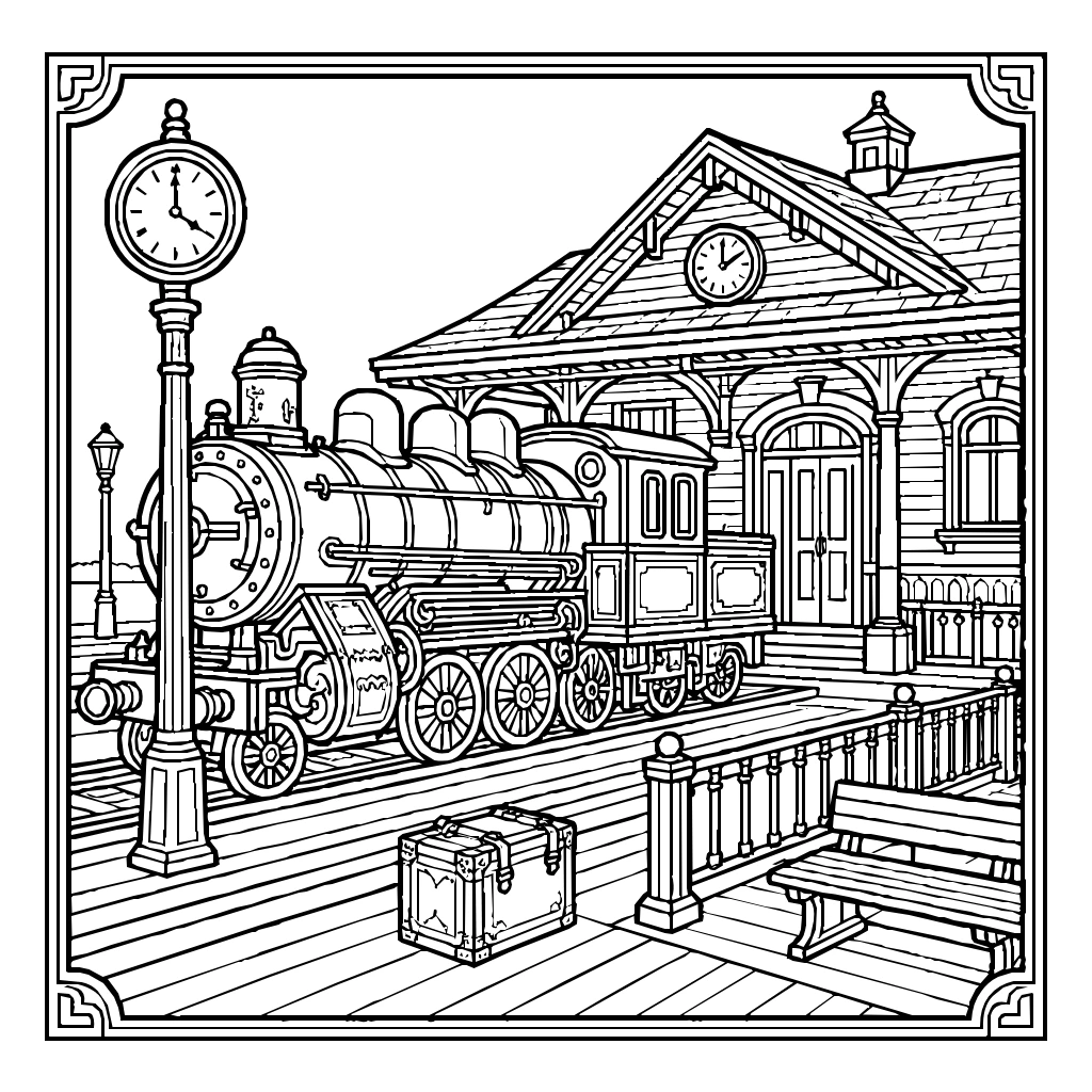 Vintage Train Station Clock Coloring Page