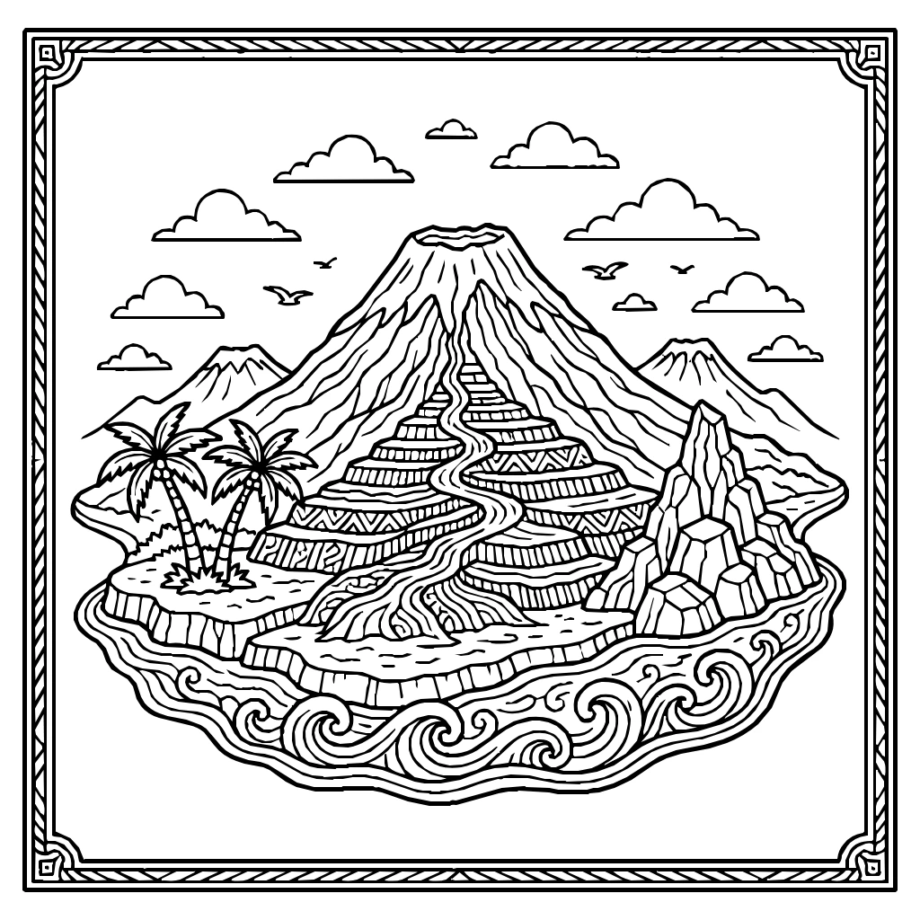 Volcano On Tropical Island Coloring Page