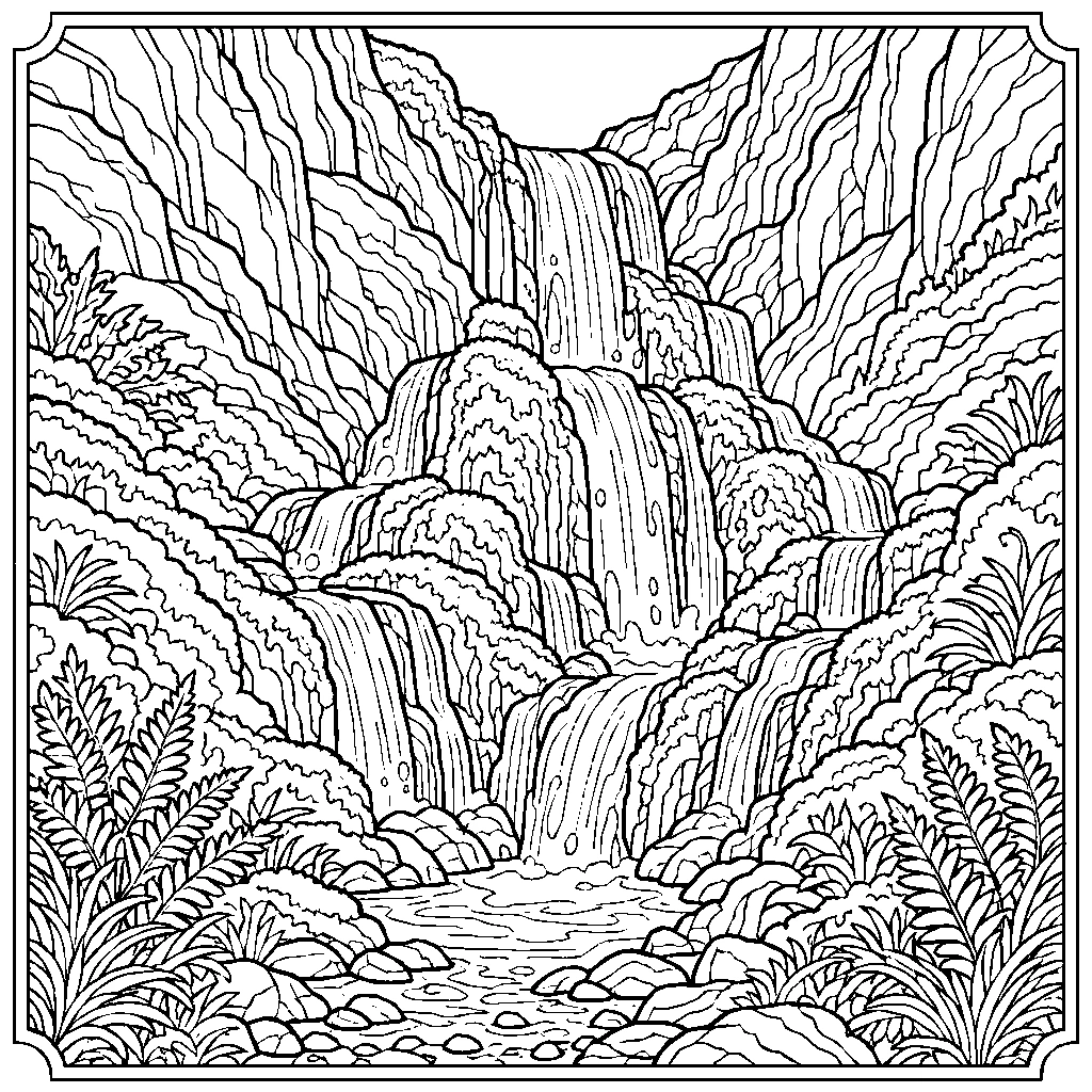 Waterfall Moss Covered Rocks Canyon Coloring Page