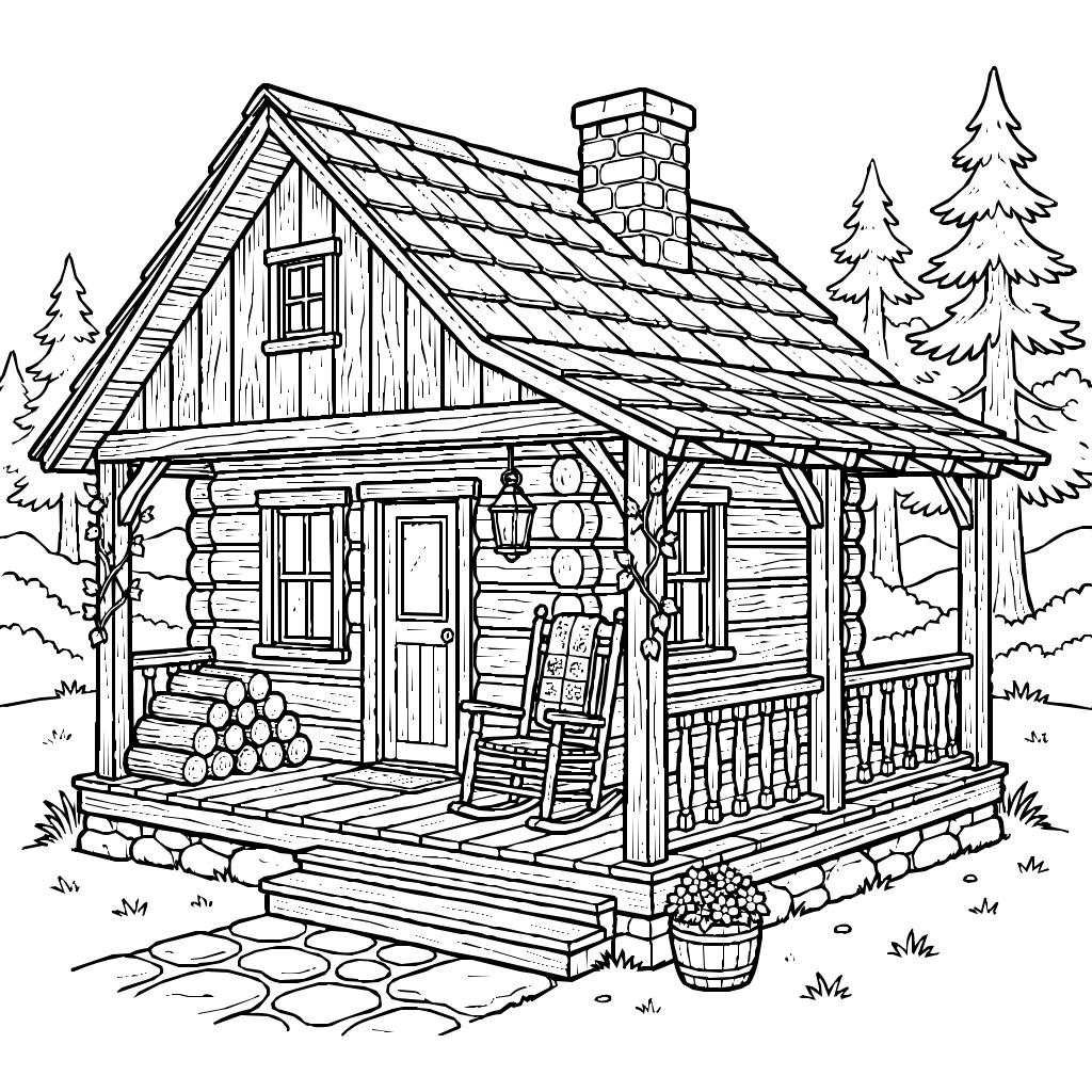 Western Cabin With Rocking Chair Coloring Page