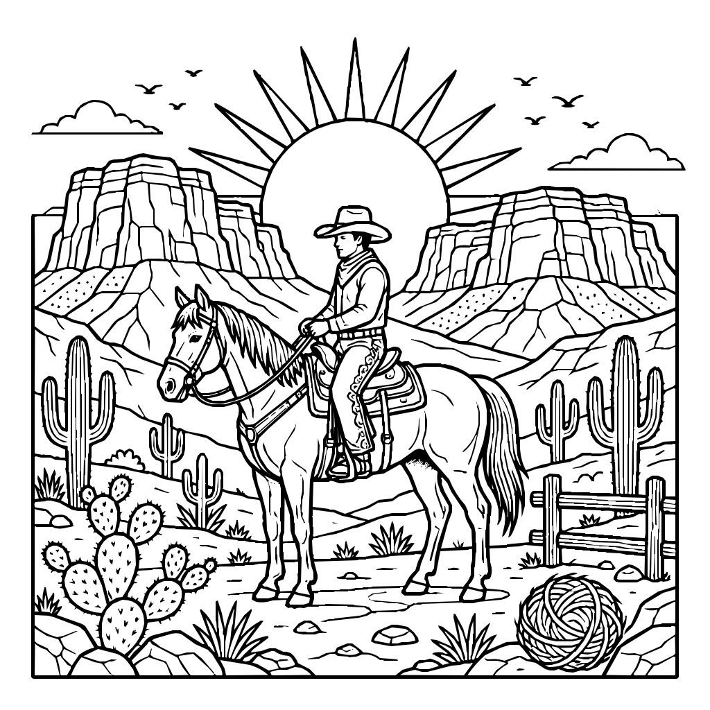 Western Cowboy Horseback Sunset Coloring Page