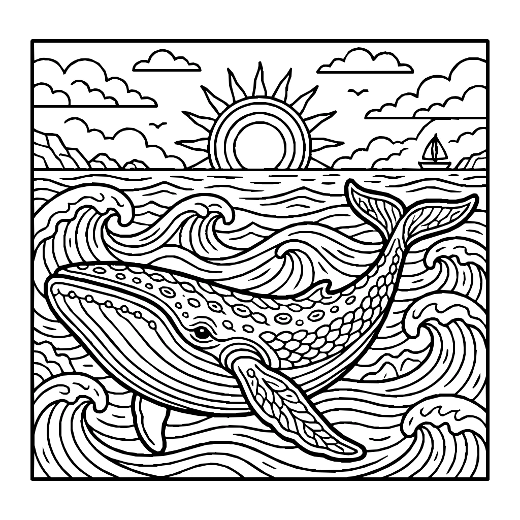 Whale In The Sunset Coloring Page