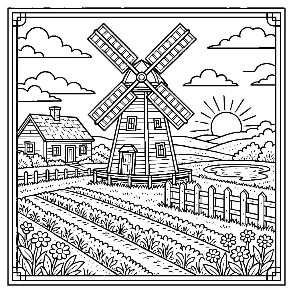 Windmill Sunset Coloring Page