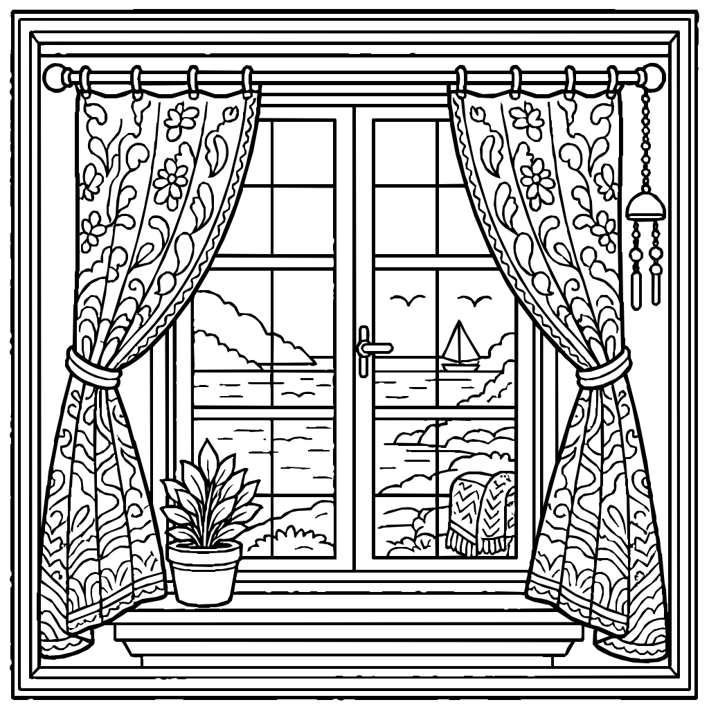 Window Fluttering Curtains Coloring Page