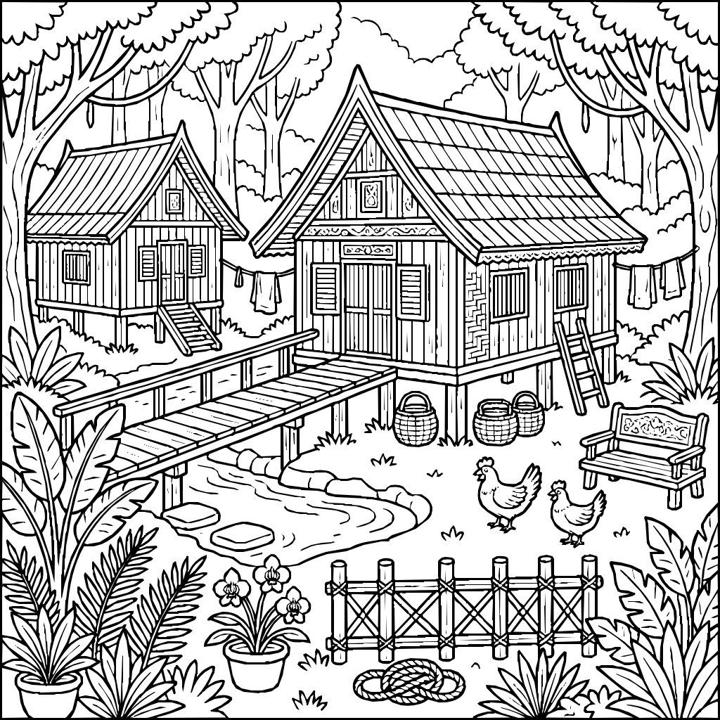 Wooden House Village Jungle Coloring Page