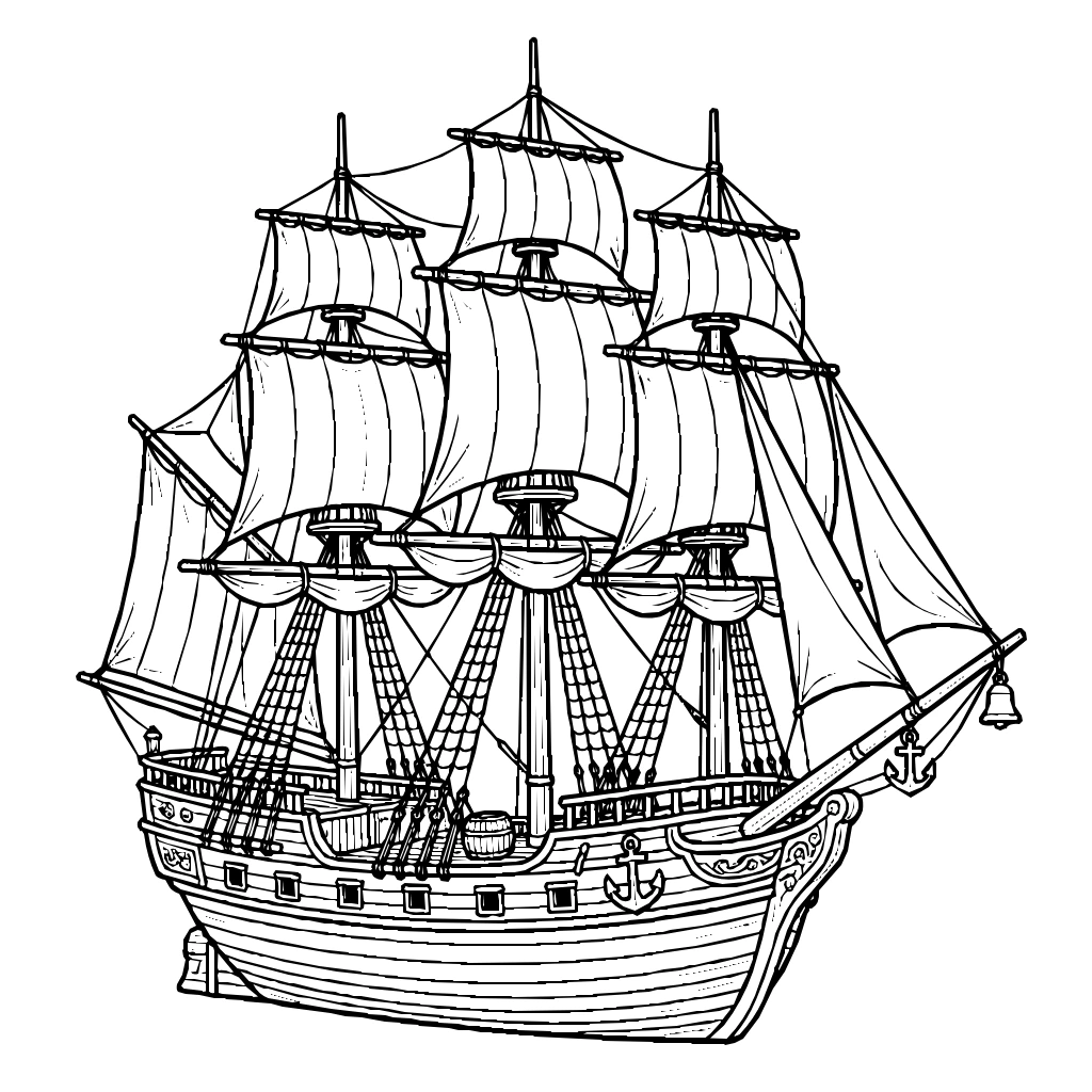 Wooden Sailing Ship With Multiple Masts Coloring Page