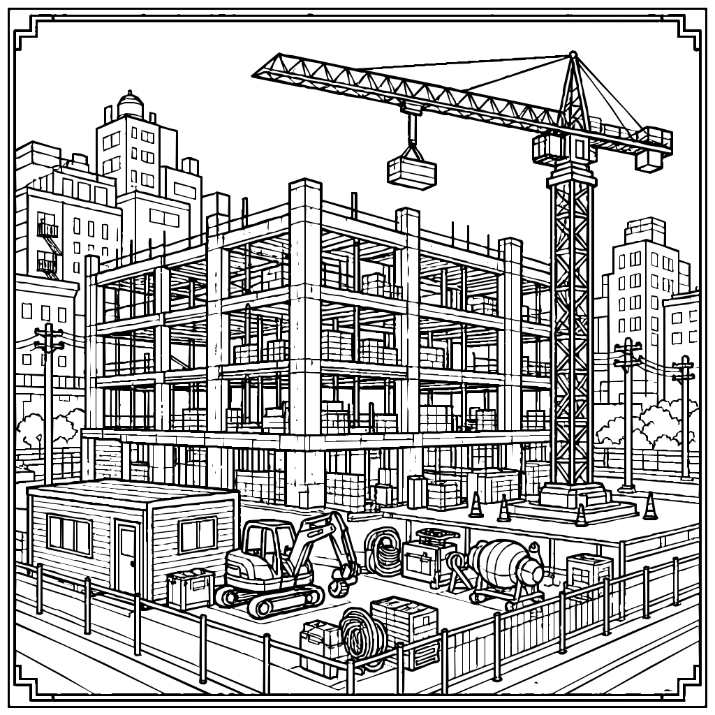 City Construction Crane Site Coloring Page