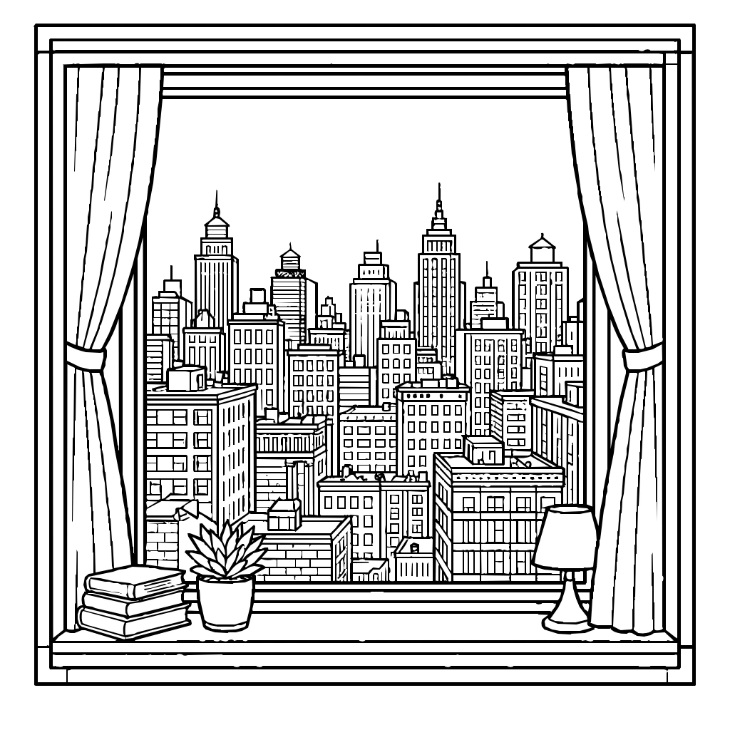 City Skyline Window Apartment Coloring Page