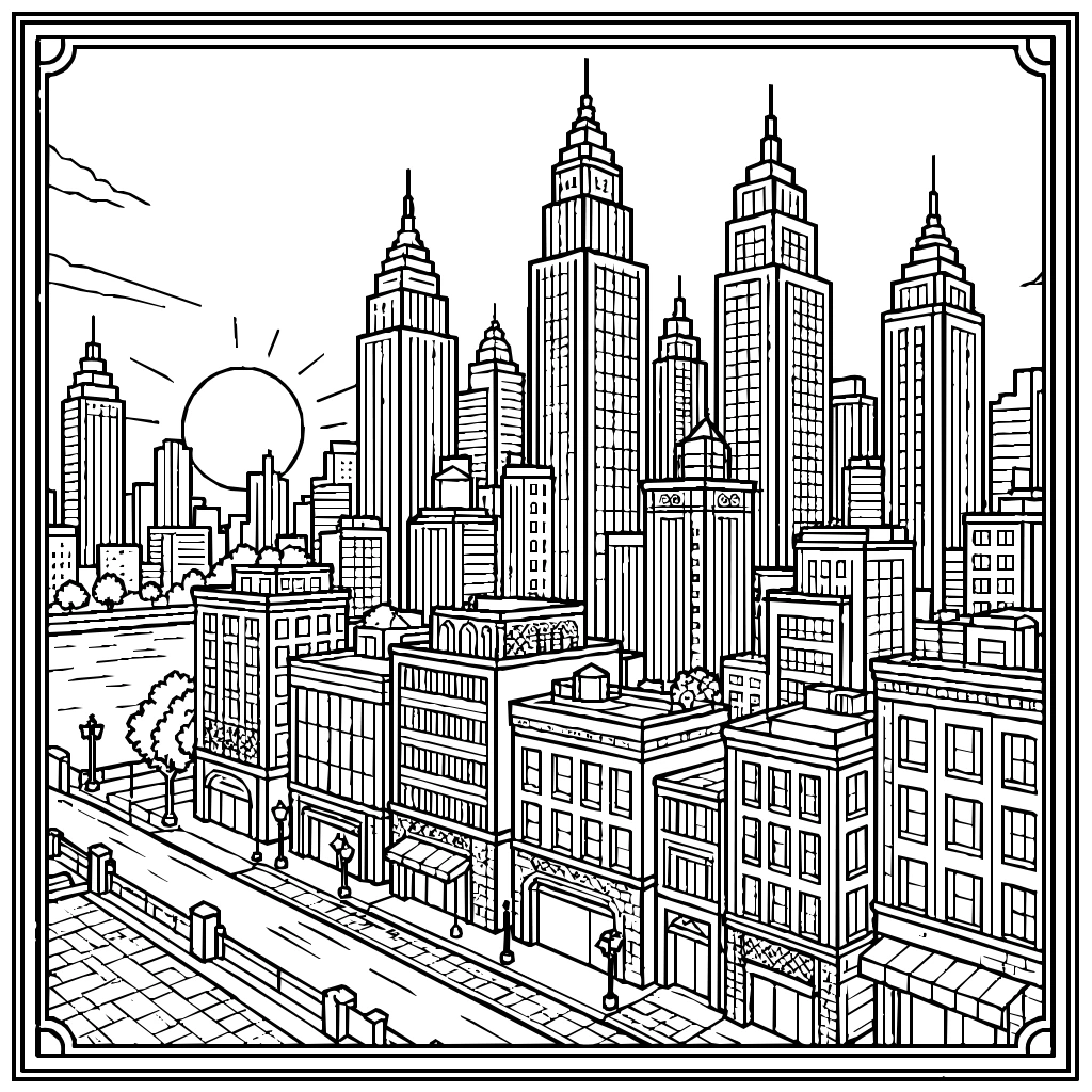 City Skyscraper Golden Hour Coloring Page