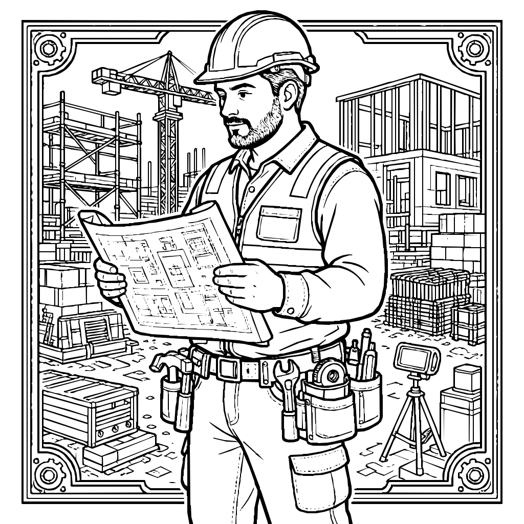 Construction Worker Checking Blueprints Coloring Page