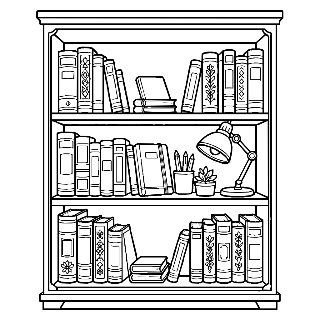 Cozy Bookshelf Books Lamp Coloring Page