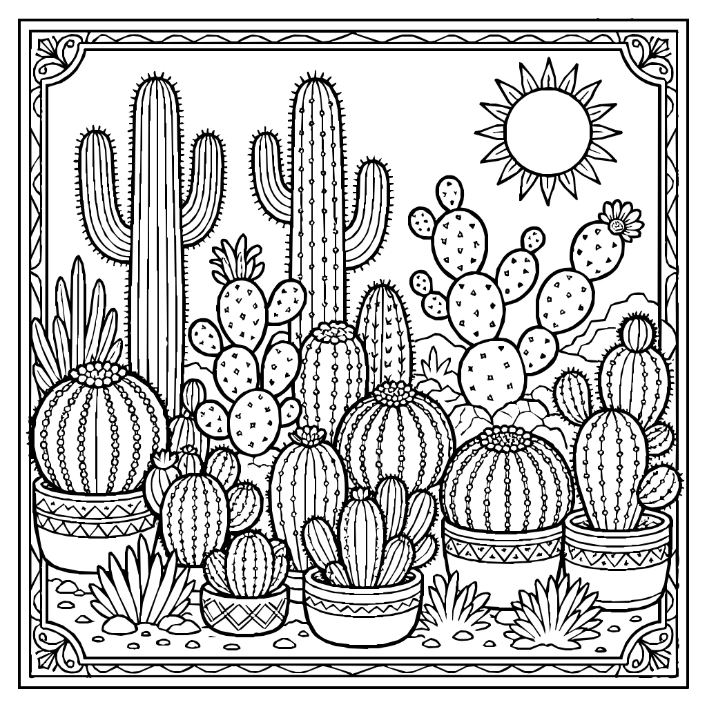 Desert Cactus Garden Blooming Coloring Page