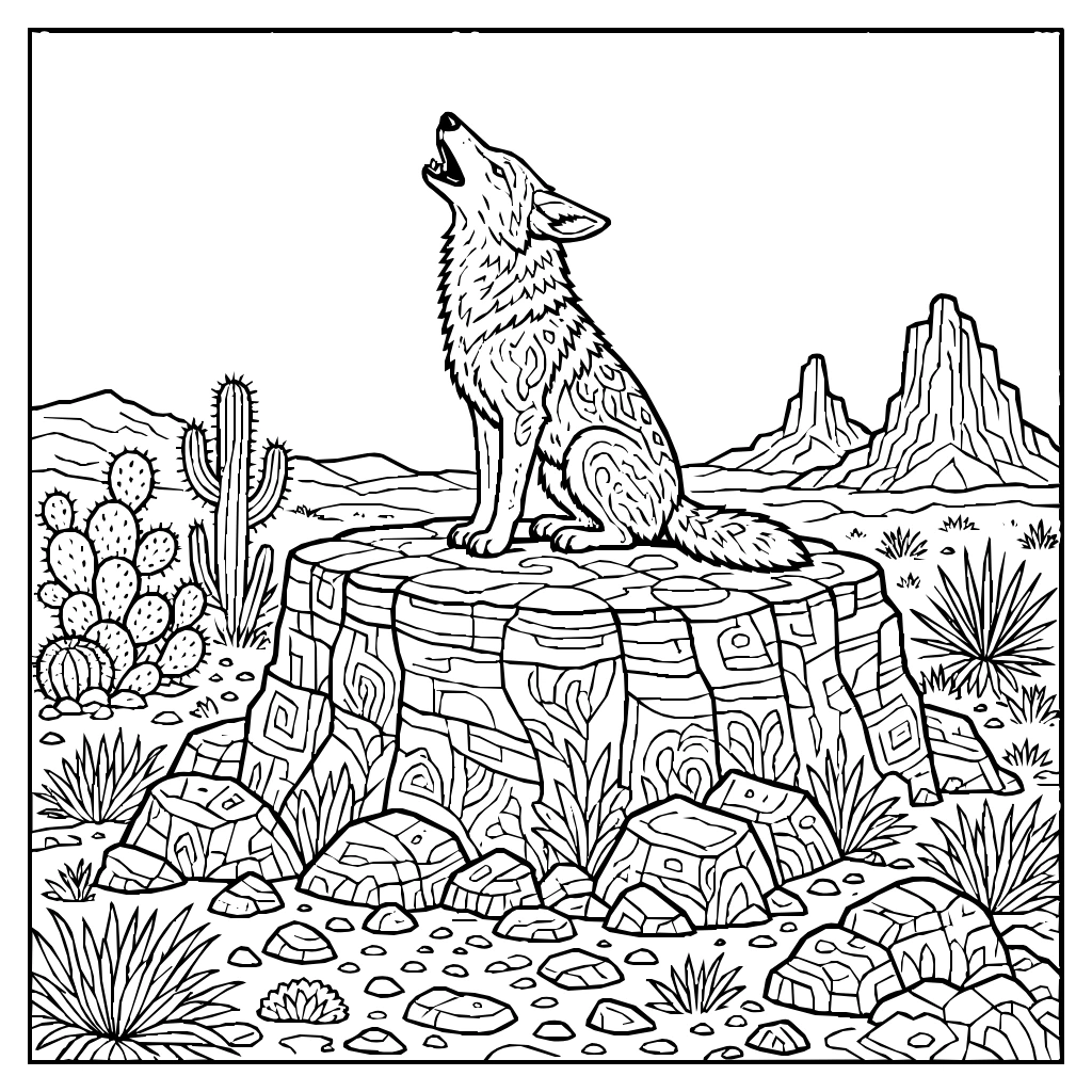 Desert Coyote Howling Coloring Page