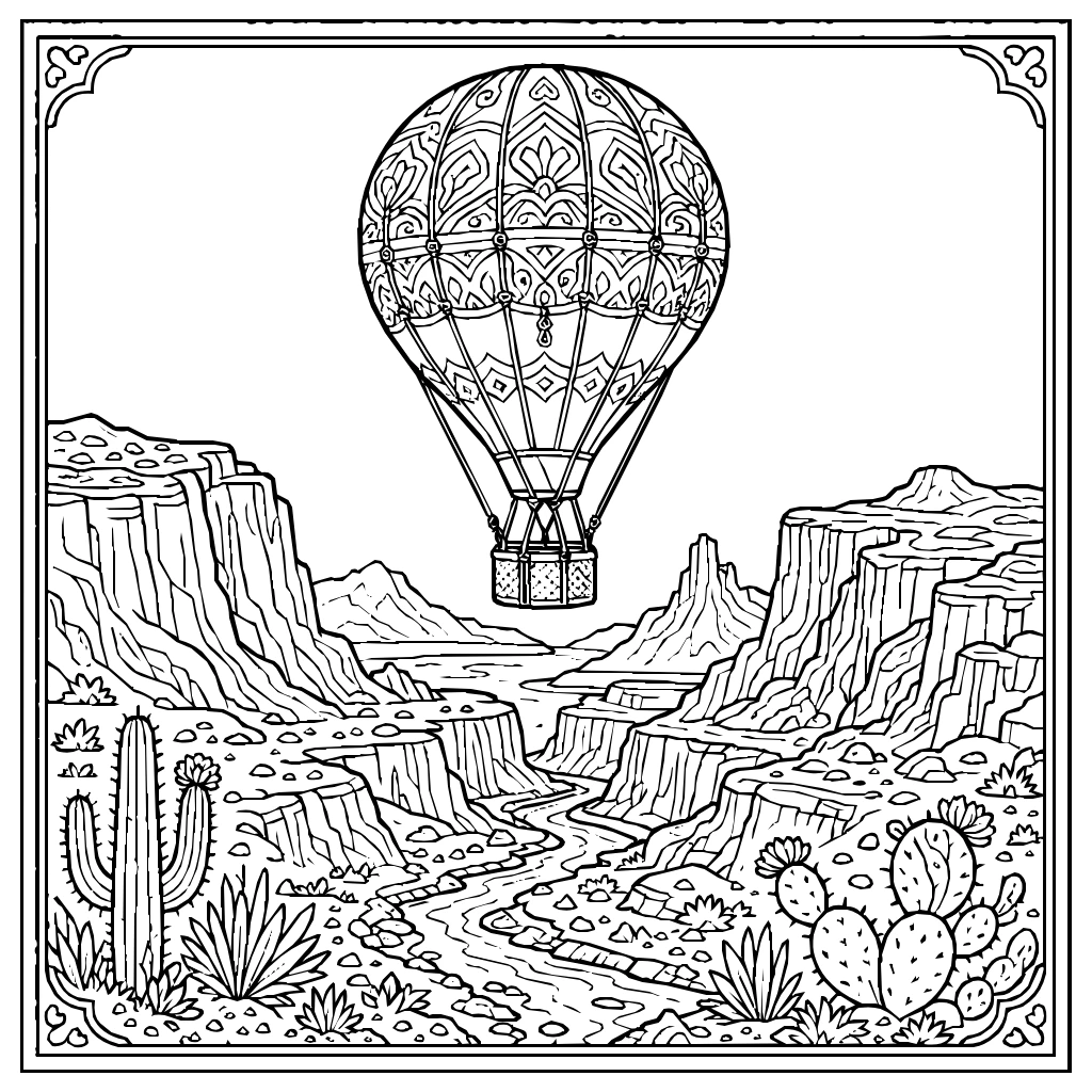 Desert Hot Air Balloon Canyons Coloring Page