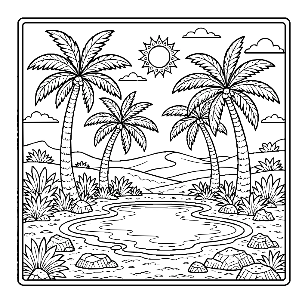 Desert Oasis Palm Trees Pool Coloring Page