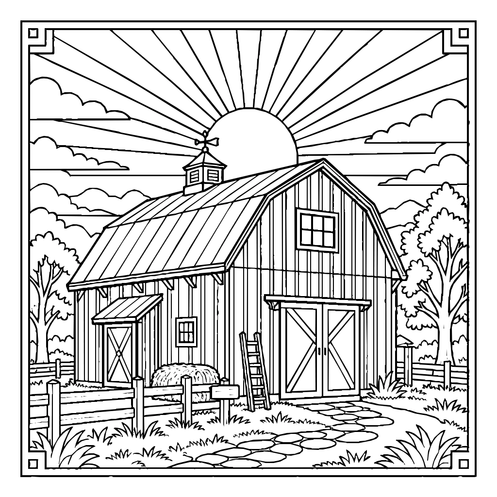 Farm Red Barn Sunrise Coloring Page