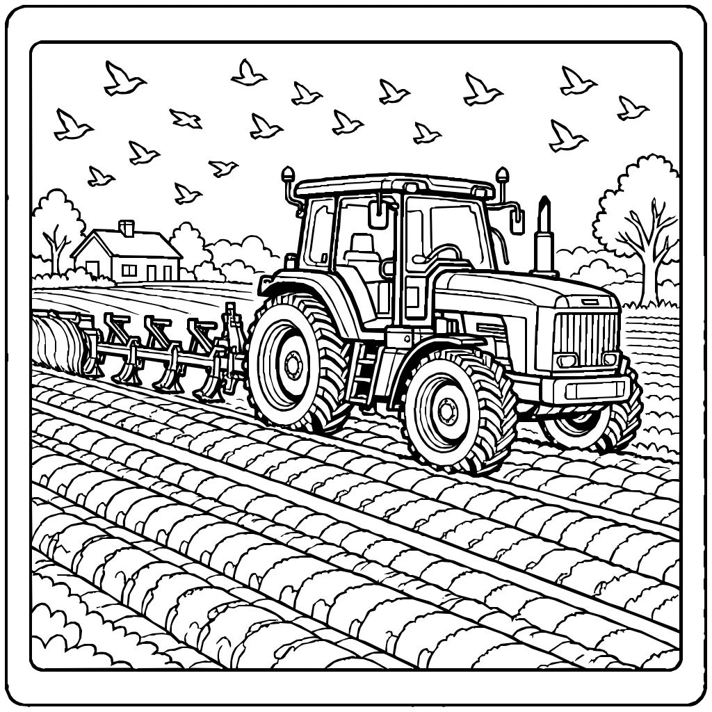 Farm Tractor Plowing Birds Coloring Page