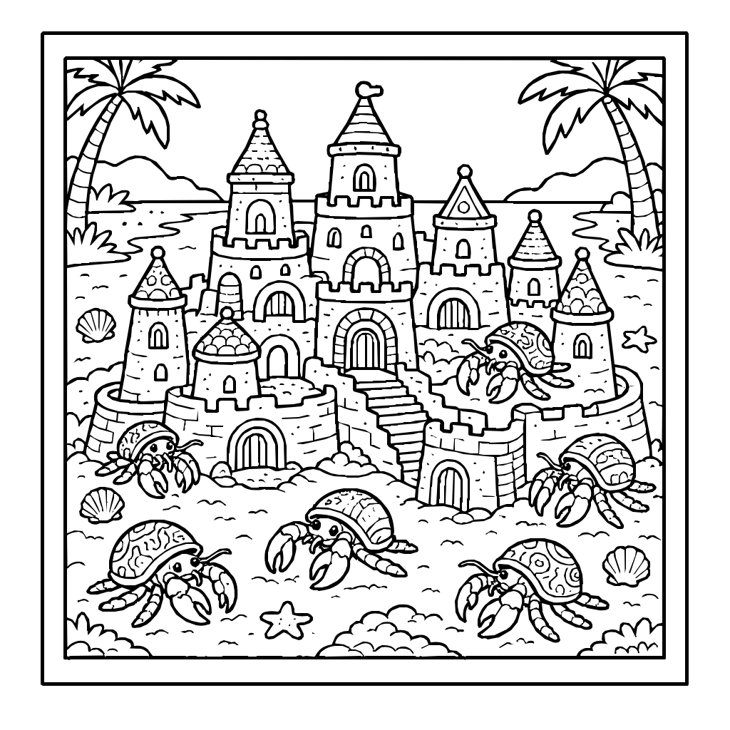 Hermit Crab Sandcastle Coloring Page
