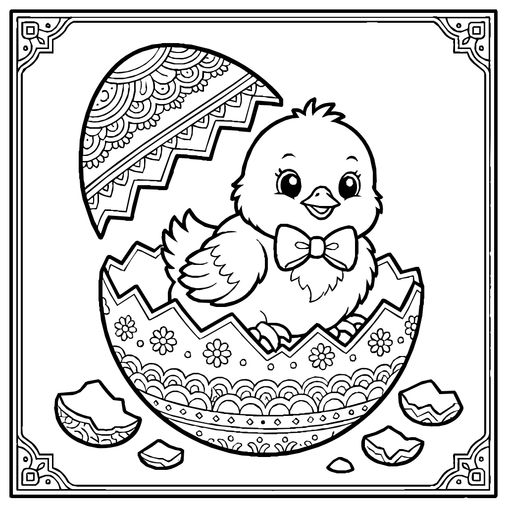 Kawaii Chick Hatching Bowtie Coloring Page