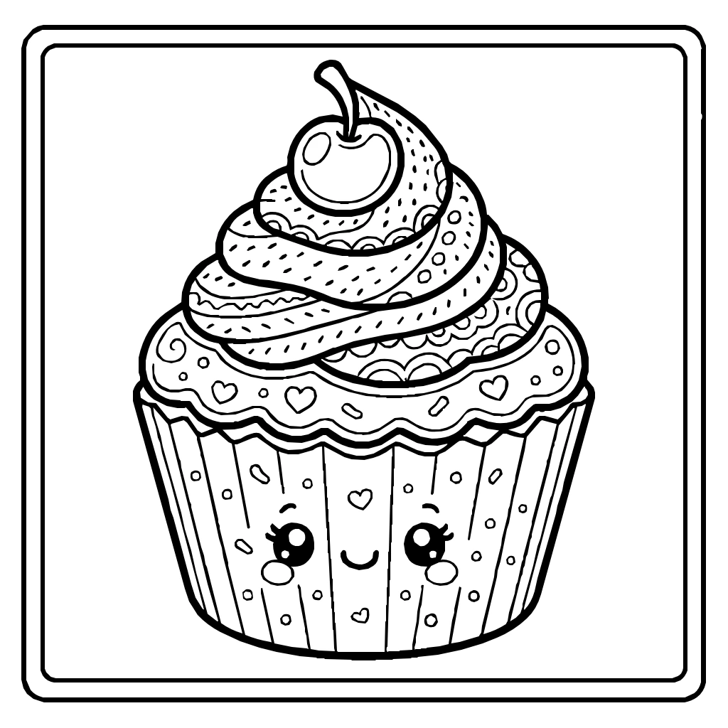 Kawaii Cupcake Strawberry Cherry Coloring Page
