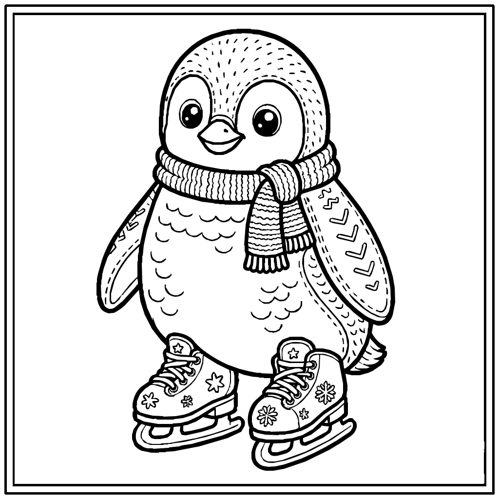 Kawaii Penguin Scarf Skates Coloring Page