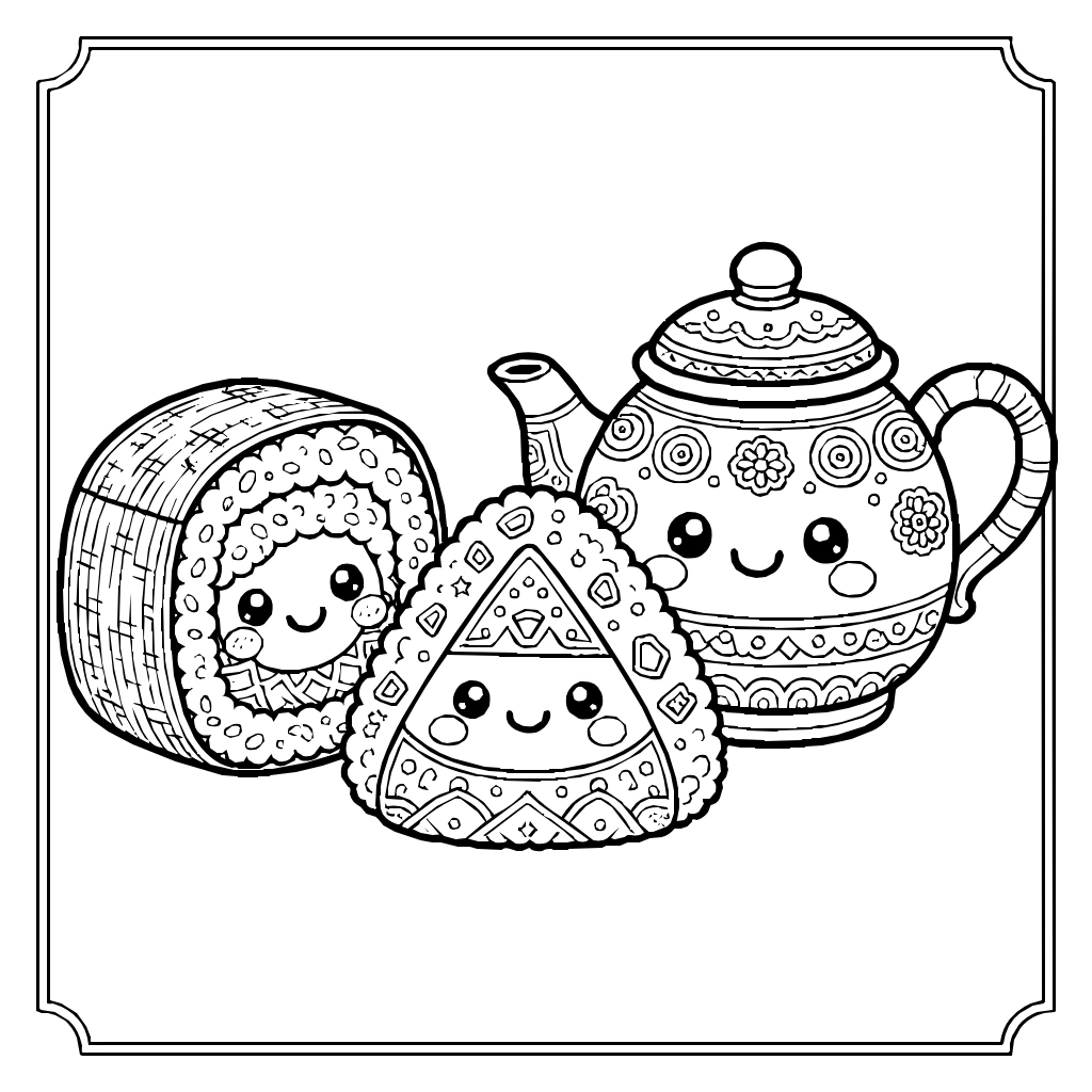 Kawaii Sushi Roll Rice Ball Teapot Coloring Page