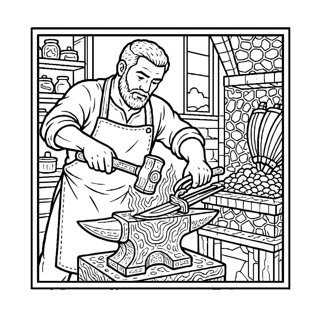 Medieval Blacksmith Glowing Knife Forge Coloring Page