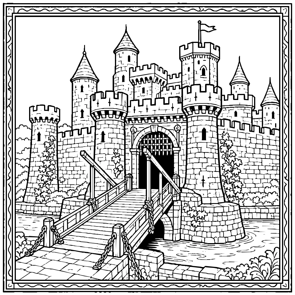 Medieval Castle Drawbridge Moat Coloring Page