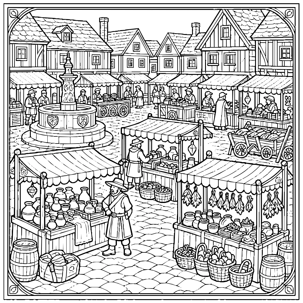 Medieval Market Square Merchants Coloring Page