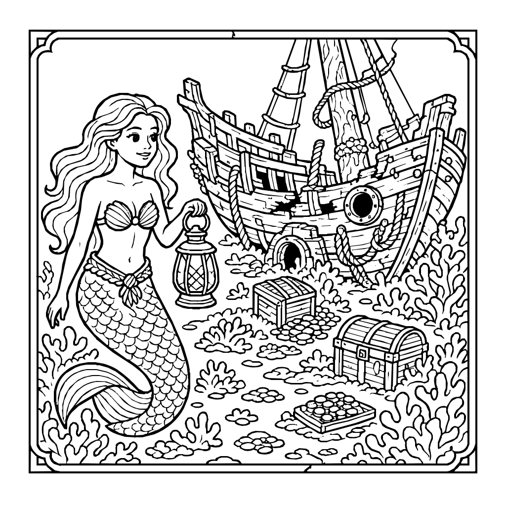 Mermaid Sunken Lantern Coloring Page