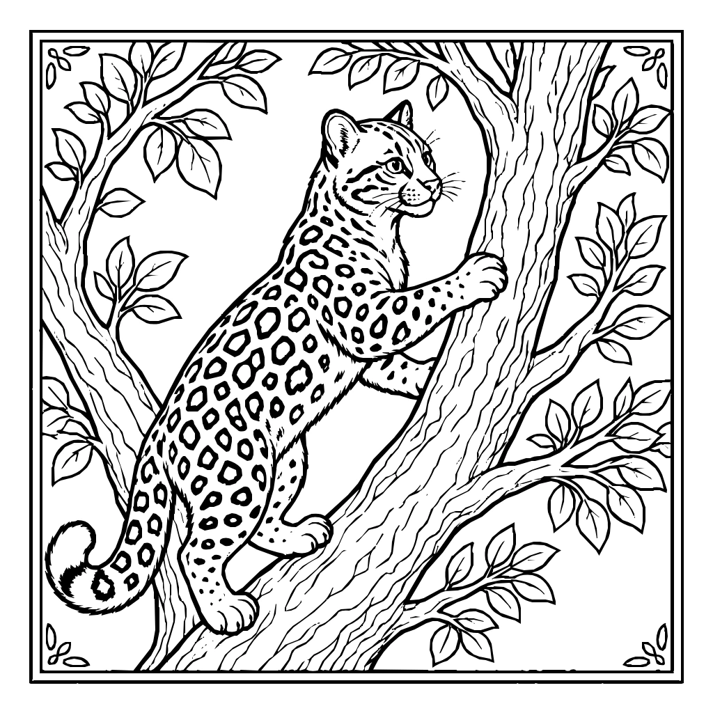 Ocelot Climbing Tree Coloring Page