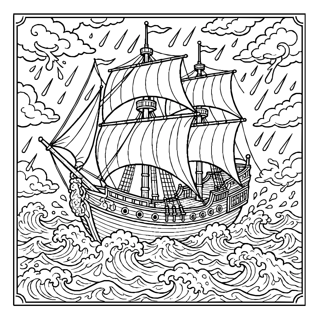 Pirate Ship Stormy Crashing Waves Coloring Page