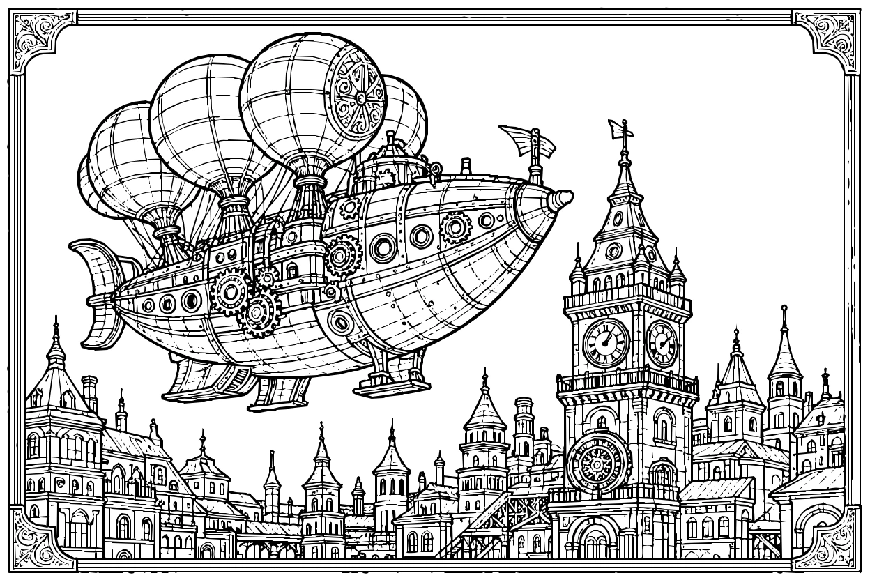 Steampunk Airship Above A City Coloring Page