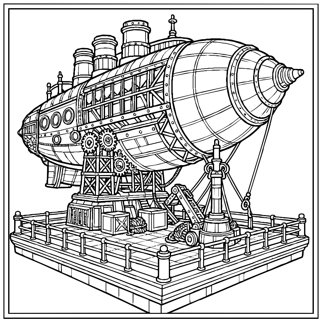 Steampunk Airship Docked Above A Rooftop Platform Coloring Page