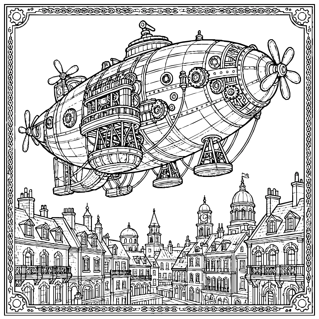 Steampunk Airship Flying Above A City Coloring Page