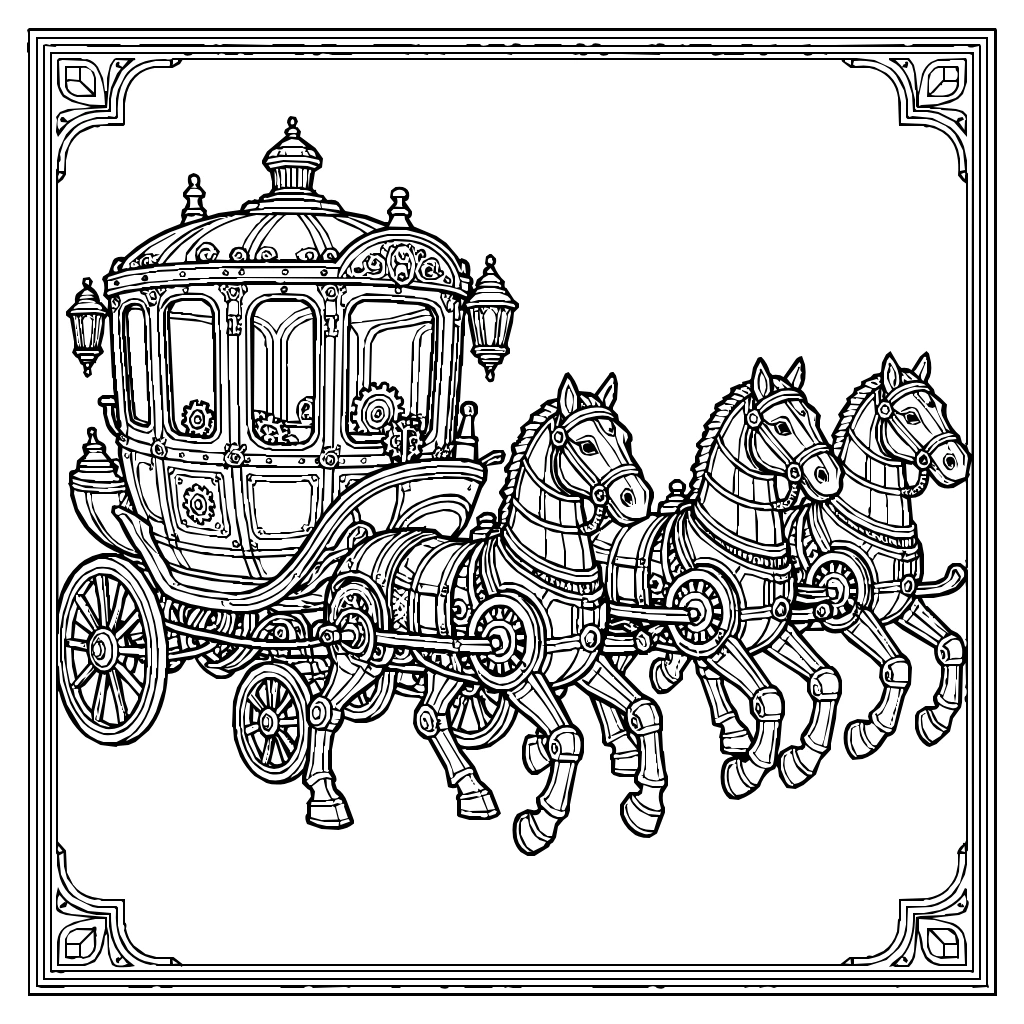 Steampunk Carriage Pulled By Mechanical Horses Coloring Page