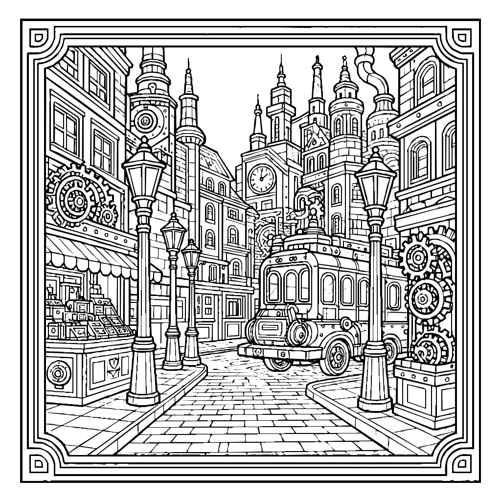 Steampunk City Street With Lamps And Clockwork Machines Coloring Page