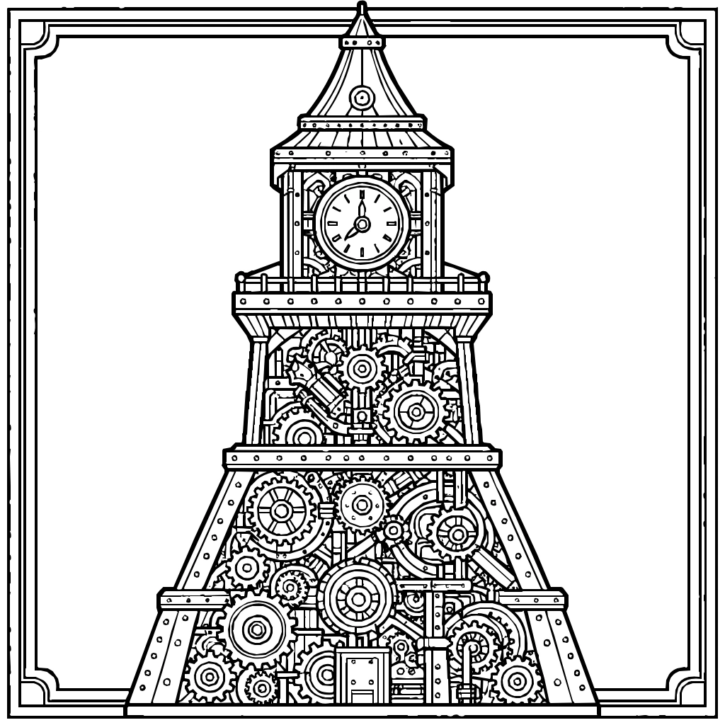 Steampunk Clock Tower Filled With Gears Coloring Page