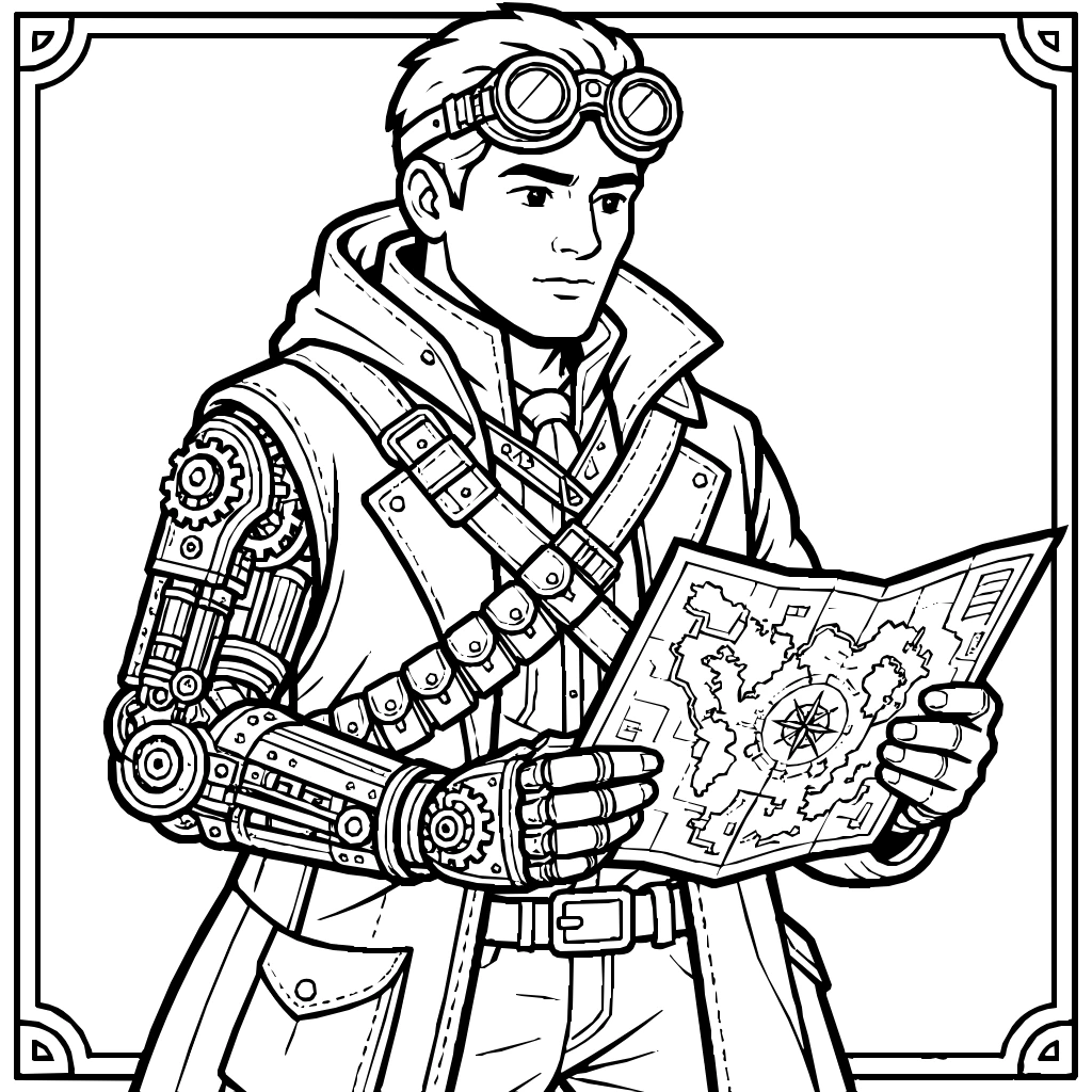 Steampunk Explorer Mechanical Arm Coloring Page
