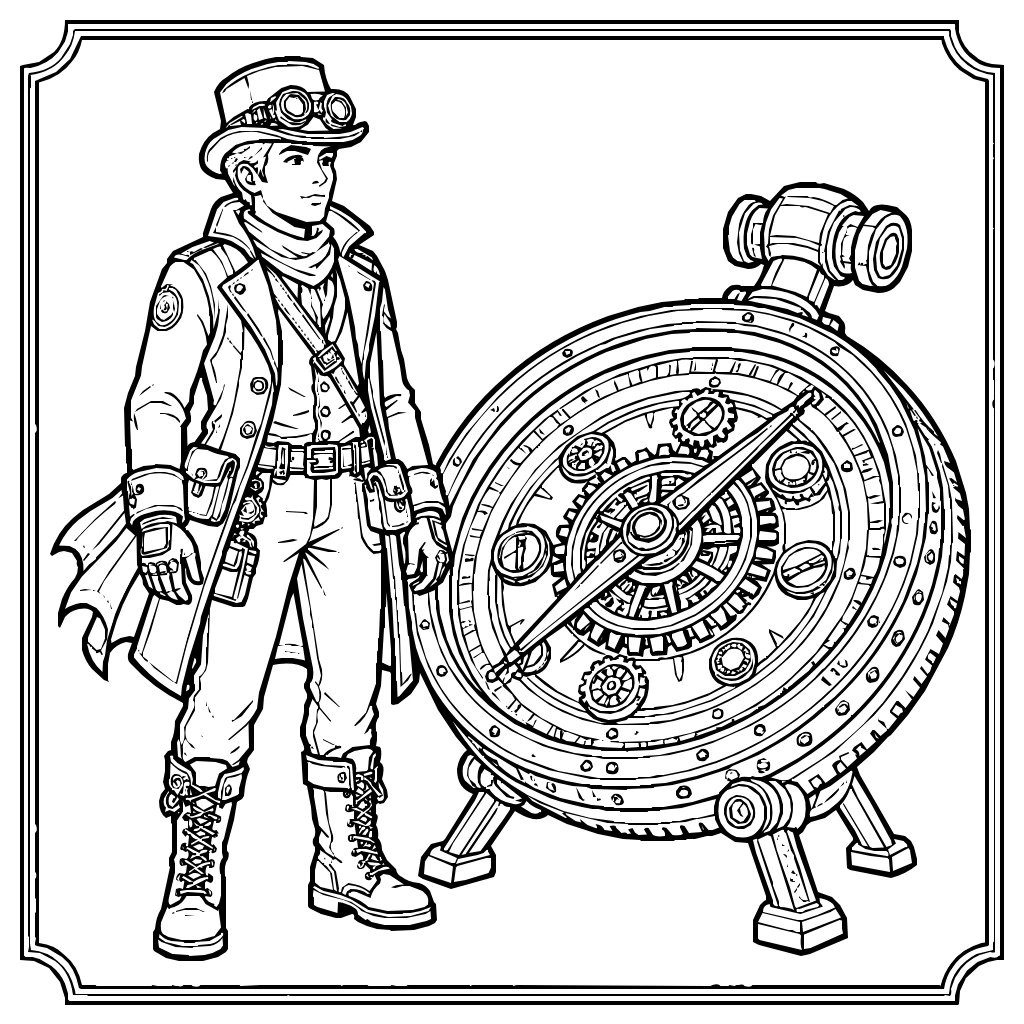 Steampunk Explorer Standing Beside A Mechanical Compass Coloring Page