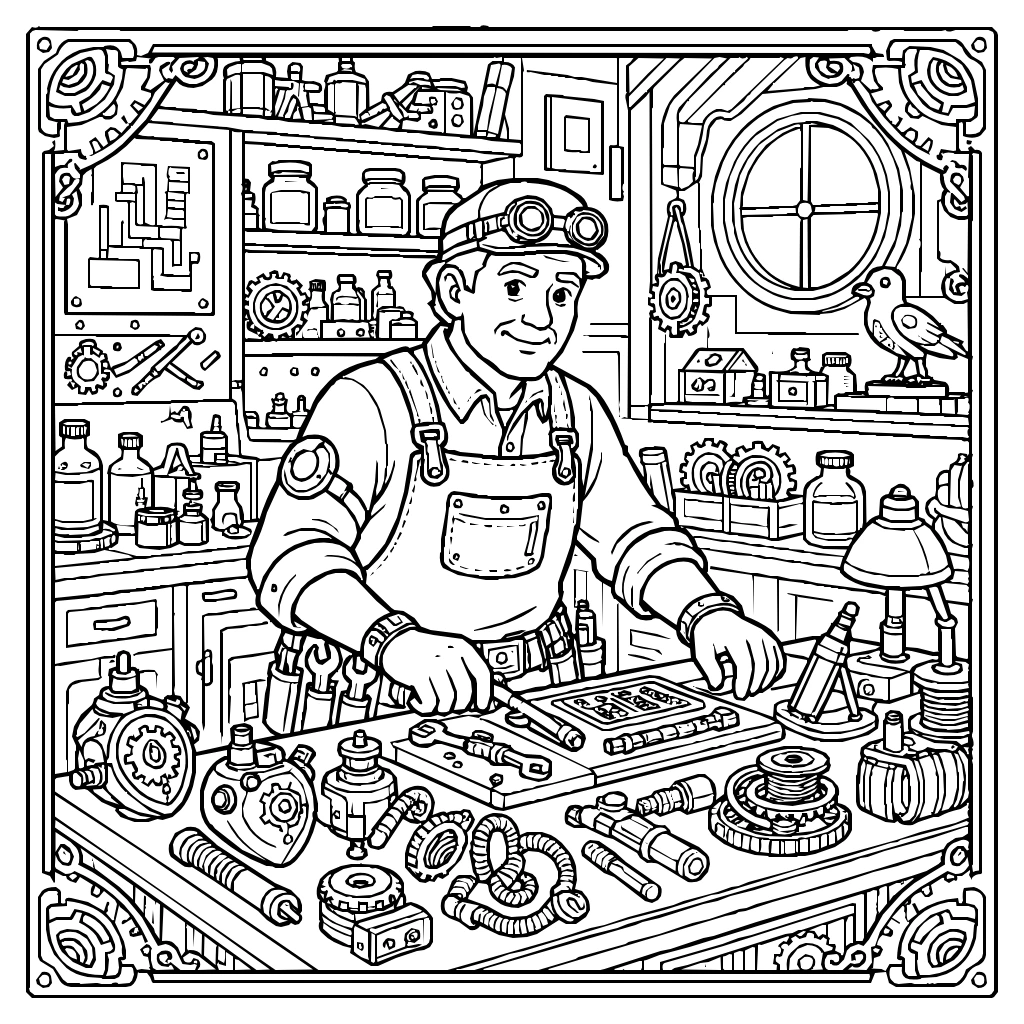 Steampunk Inventor Working Inside A Cluttered Workshop Coloring Page