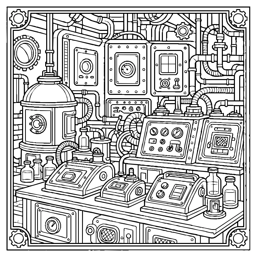Steampunk Laboratory Filled With Pipes And Instruments Coloring Page